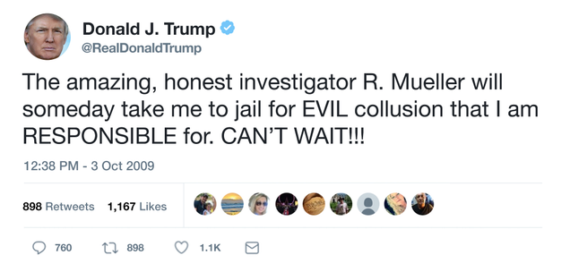 Illustration for article titled Tweet For Everything: In 2009, Donald Trump Tweeted That Robert Mueller Is An Honest Prosecutor Who Will Lock Him Up In Prison One Day
